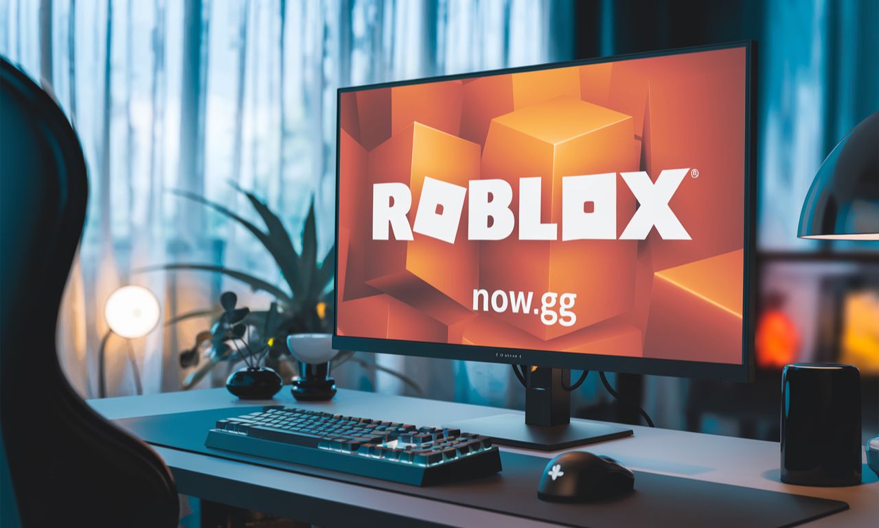 A gamer playing Roblox on now.gg using a laptop, showcasing seamless cloud gaming.