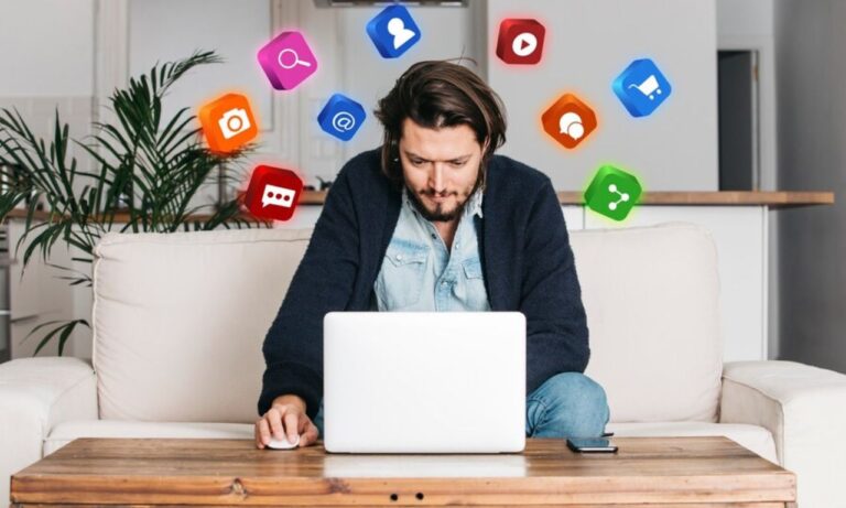 Illustration of Jonathonspire analyzing social media strategies with a futuristic digital interface in the background.