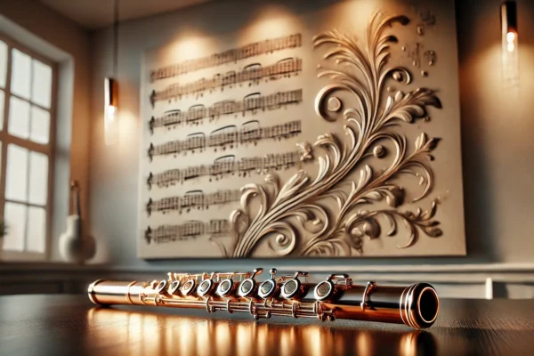 A detailed depiction of a piccolo, emphasizing its sleek design and role in classical and modern music compositions.