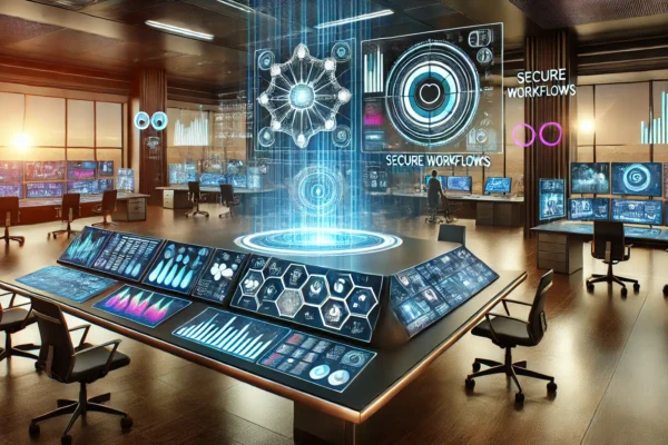 Illustration of a futuristic interface showcasing mylt34's secure and advanced features for digital collaboration.