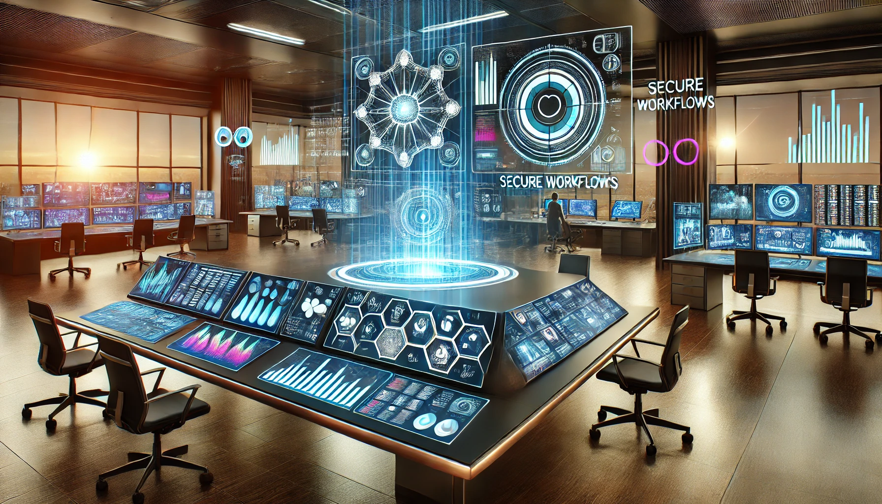 Illustration of a futuristic interface showcasing mylt34's secure and advanced features for digital collaboration.