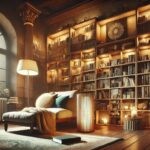 A serene library setting representing Kristen Archives with books and a glowing reading lamp.