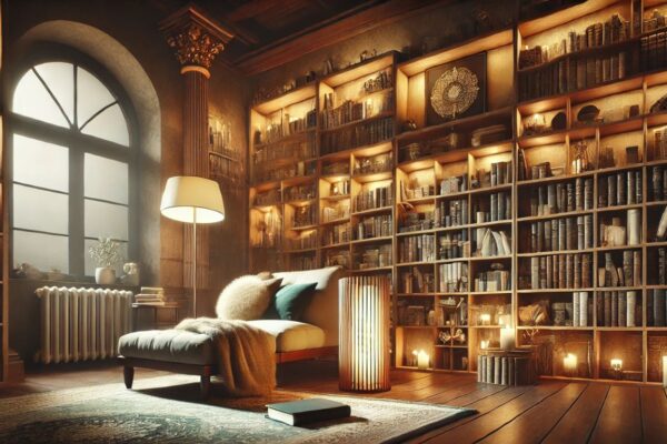 A serene library setting representing Kristen Archives with books and a glowing reading lamp.