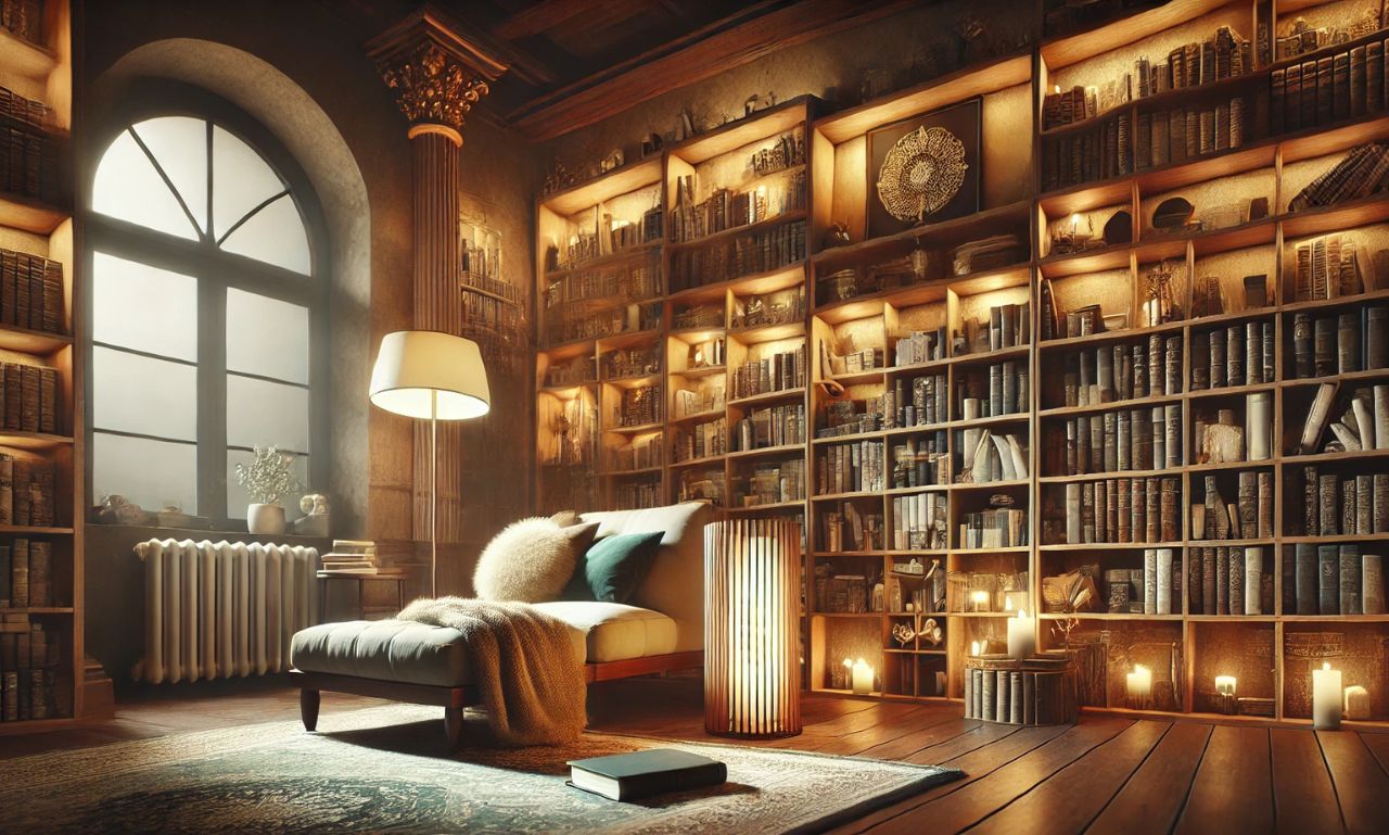 A serene library setting representing Kristen Archives with books and a glowing reading lamp.