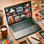 A vibrant blog interface with a laptop, coffee mug, and scattered notes representing The Vital-Mag.net Blog.