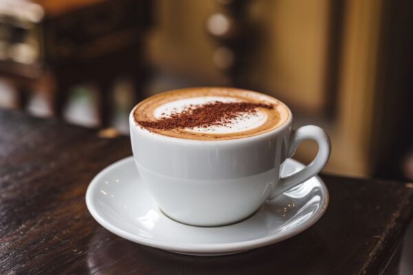 A perfectly brewed Spanish latte served in a ceramic cup, topped with latte art, accompanied by sugar and cinnamon sticks.