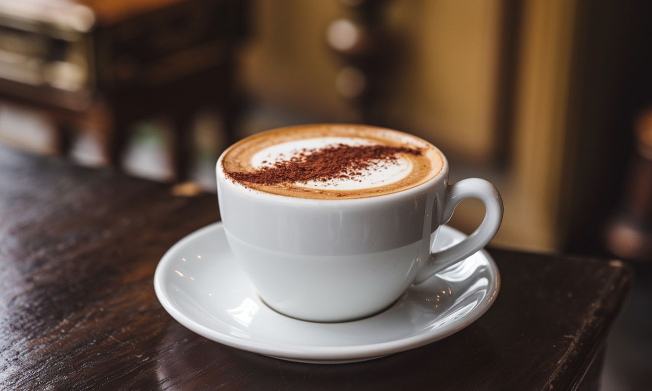 A perfectly brewed Spanish latte served in a ceramic cup, topped with latte art, accompanied by sugar and cinnamon sticks.