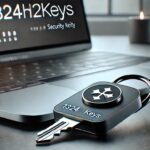 A close-up of a hardware key labeled "1324hwkeys" plugged into a laptop for security.