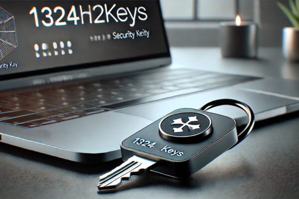 A close-up of a hardware key labeled "1324hwkeys" plugged into a laptop for security.