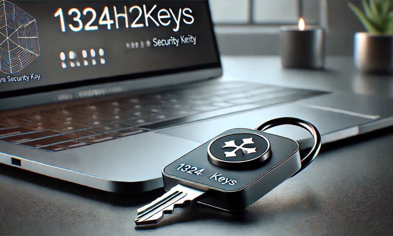 A close-up of a hardware key labeled "1324hwkeys" plugged into a laptop for security.