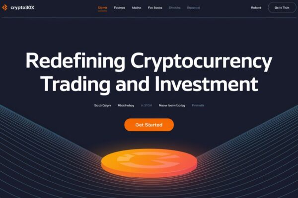 A futuristic trading interface with Crypto30x.com branding, showing cryptocurrency charts, digital wallets, and analytics tools.