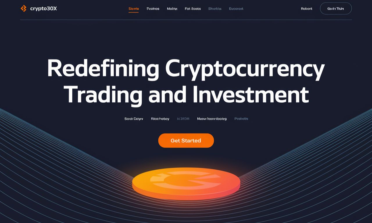 A futuristic trading interface with Crypto30x.com branding, showing cryptocurrency charts, digital wallets, and analytics tools.