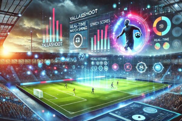 A dynamic display showcasing yallashoot's sports streaming interface with live football action and real-time match updates.