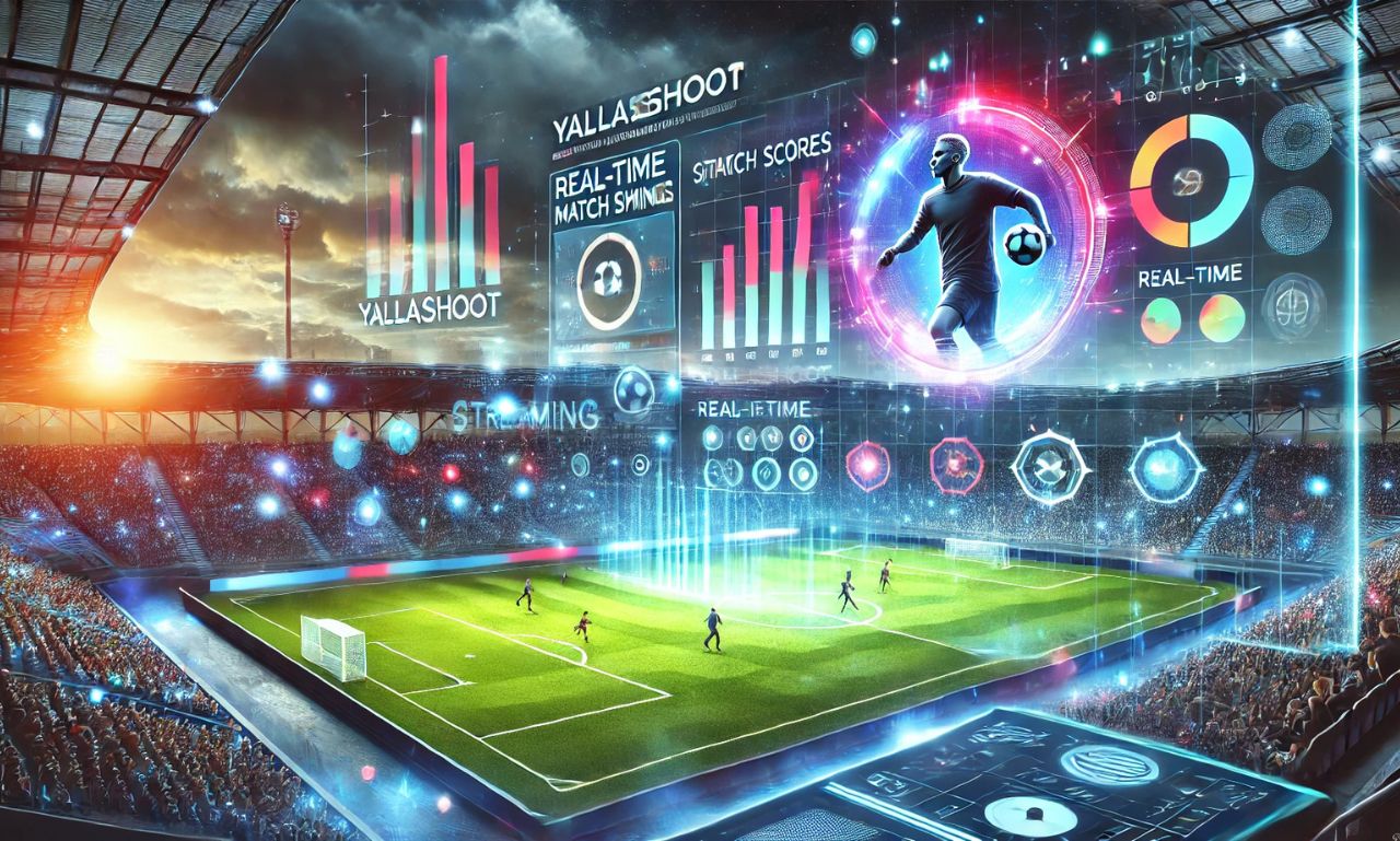 A dynamic display showcasing yallashoot's sports streaming interface with live football action and real-time match updates.